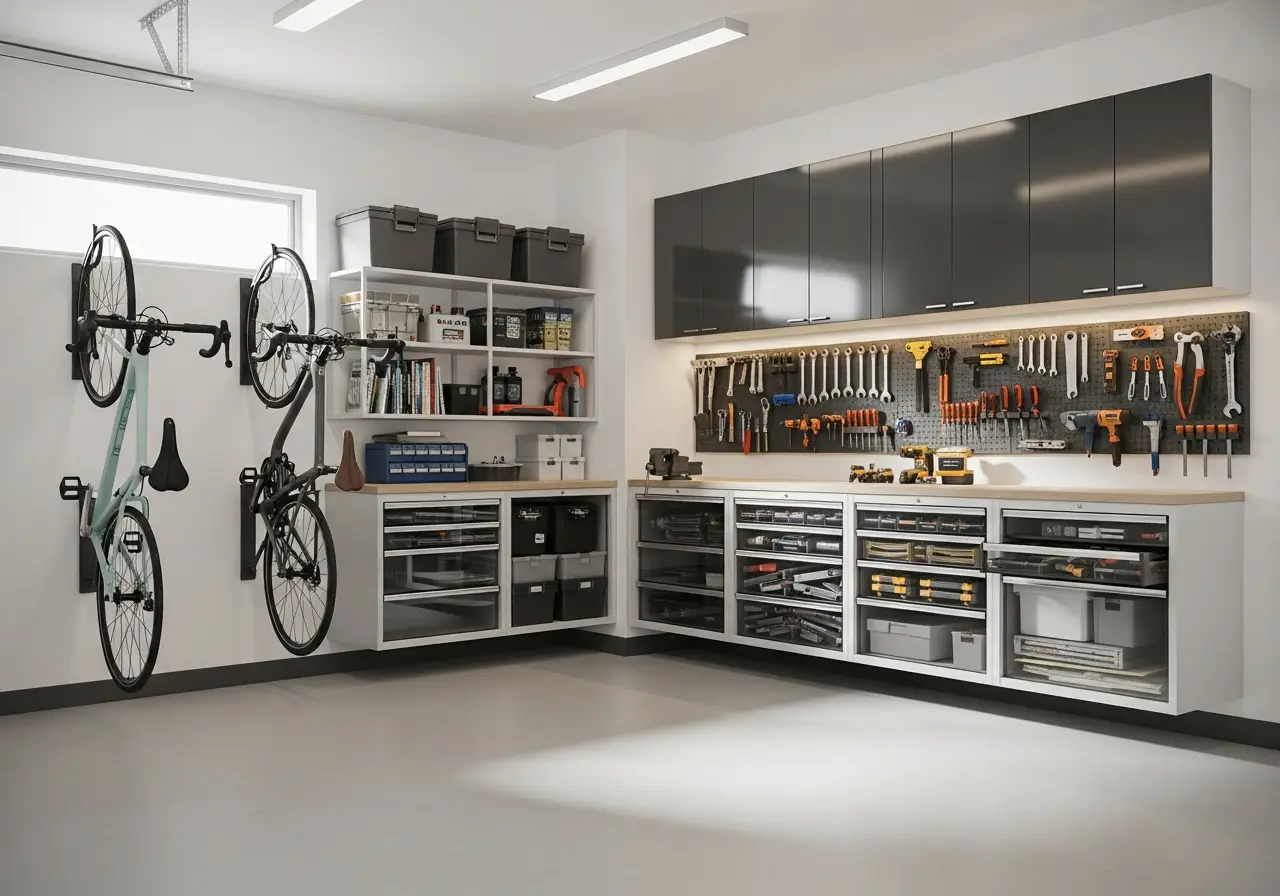 Organized garage workshop with bicycles on wall racks, tools on pegboard, and storage cabinets