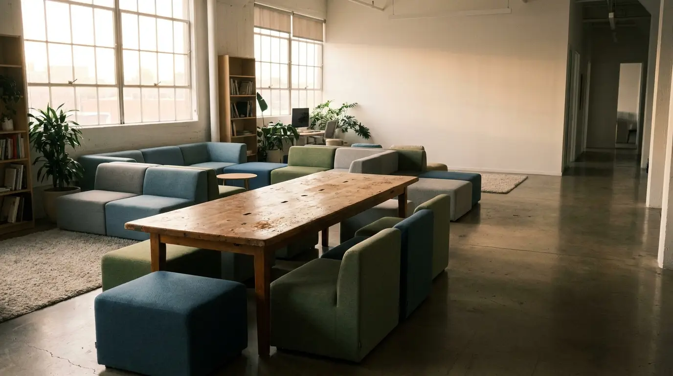 Wooden table surrounded by modular sofas in a bright, modern office space