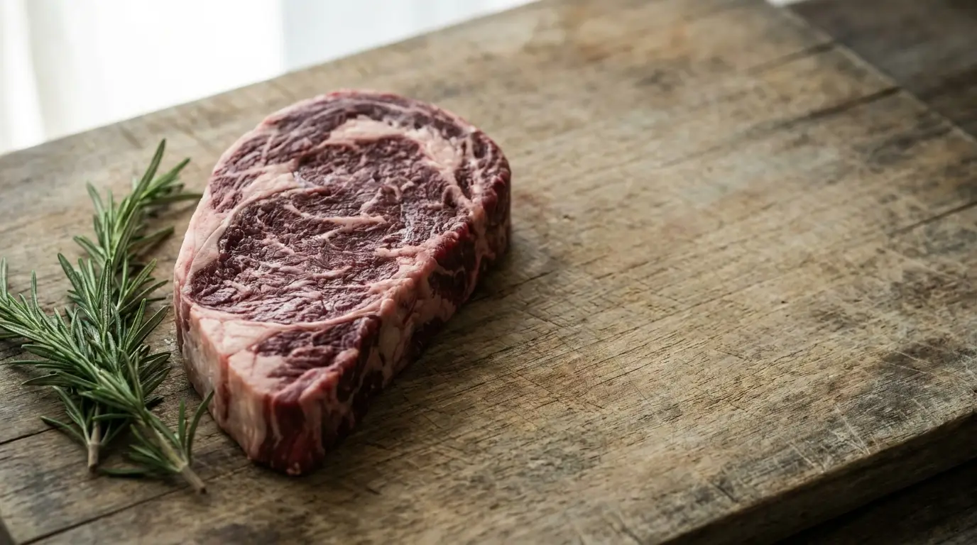 Raw ribeye steak with rosemary on rustic wooden cutting board in natural light