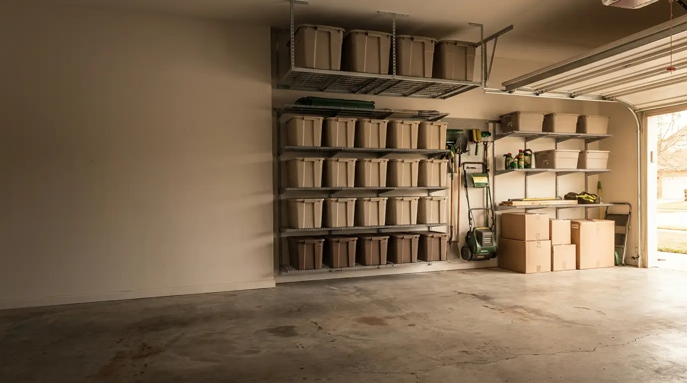 Organized garage with storage bins on metal shelves and gardening tools in bright daylight