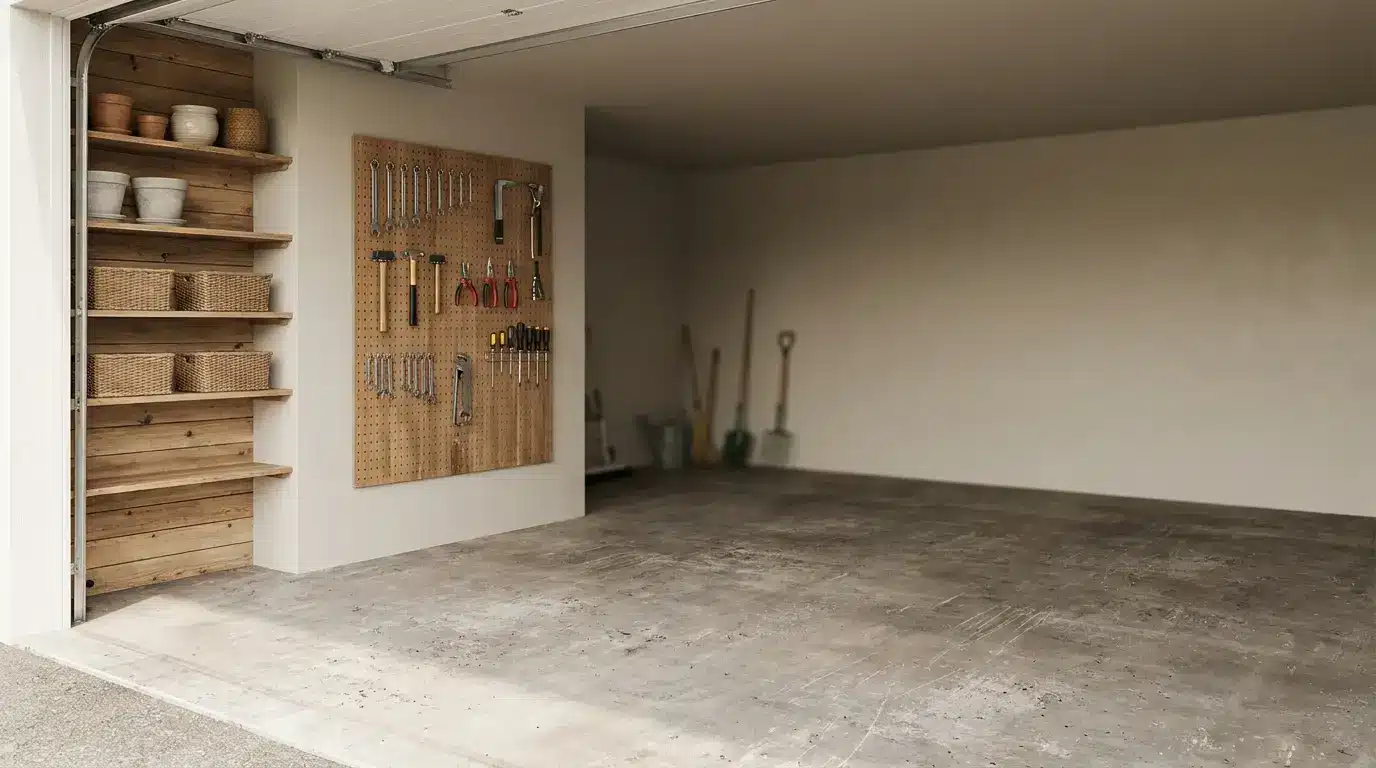 Organized garage with tool pegboard and wooden shelves holding baskets and pots