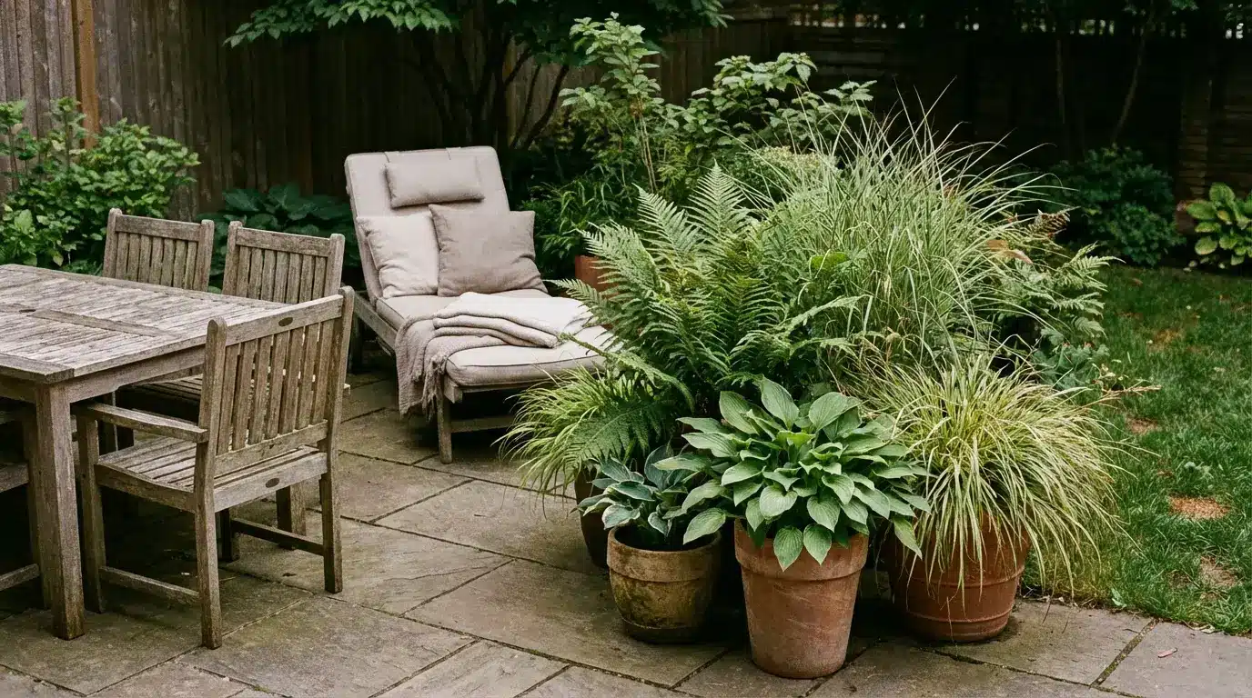 Wooden outdoor patio set with lounge chair surrounded by lush potted plants in garden setting