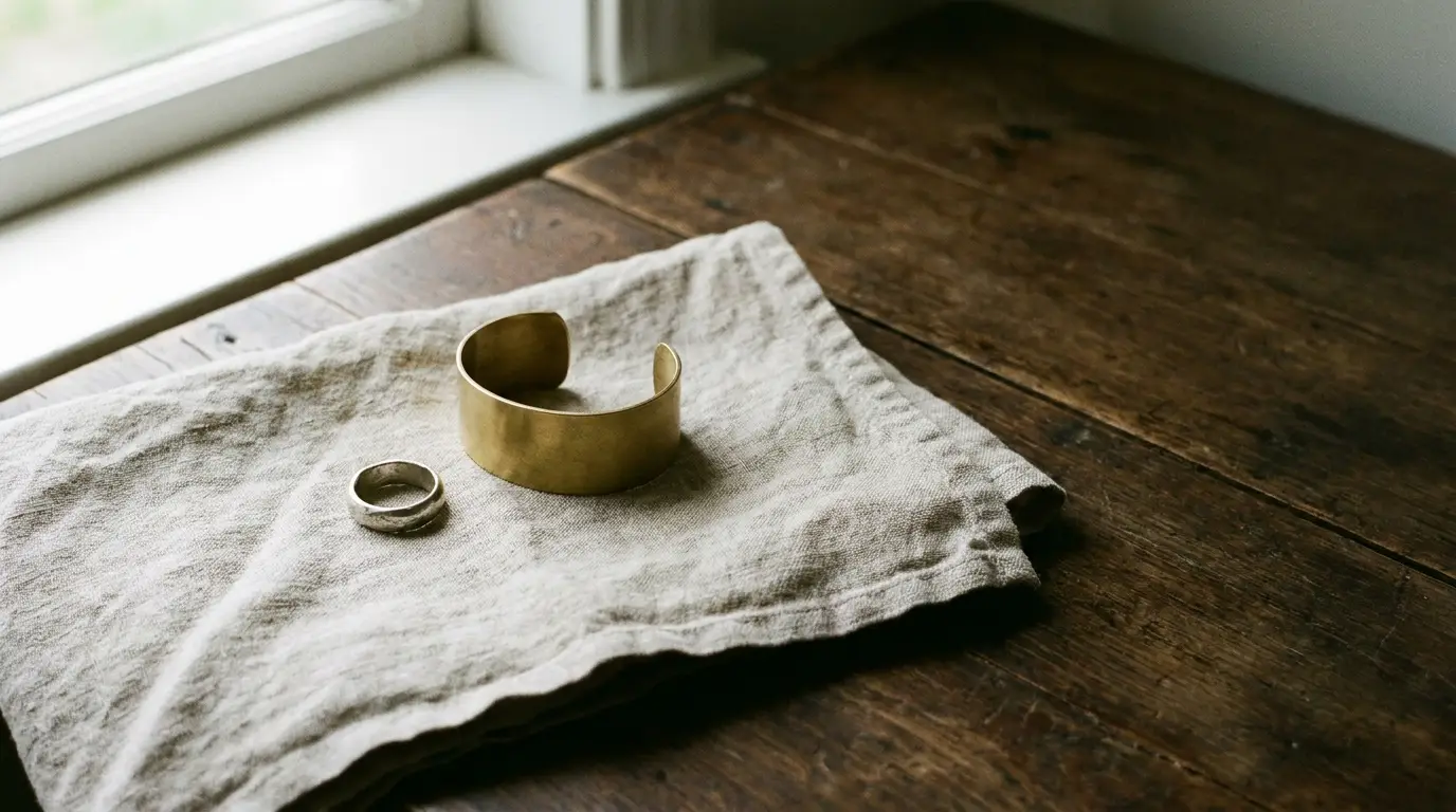 Brass bracelet and ring on beige cloth on rustic wooden table near window