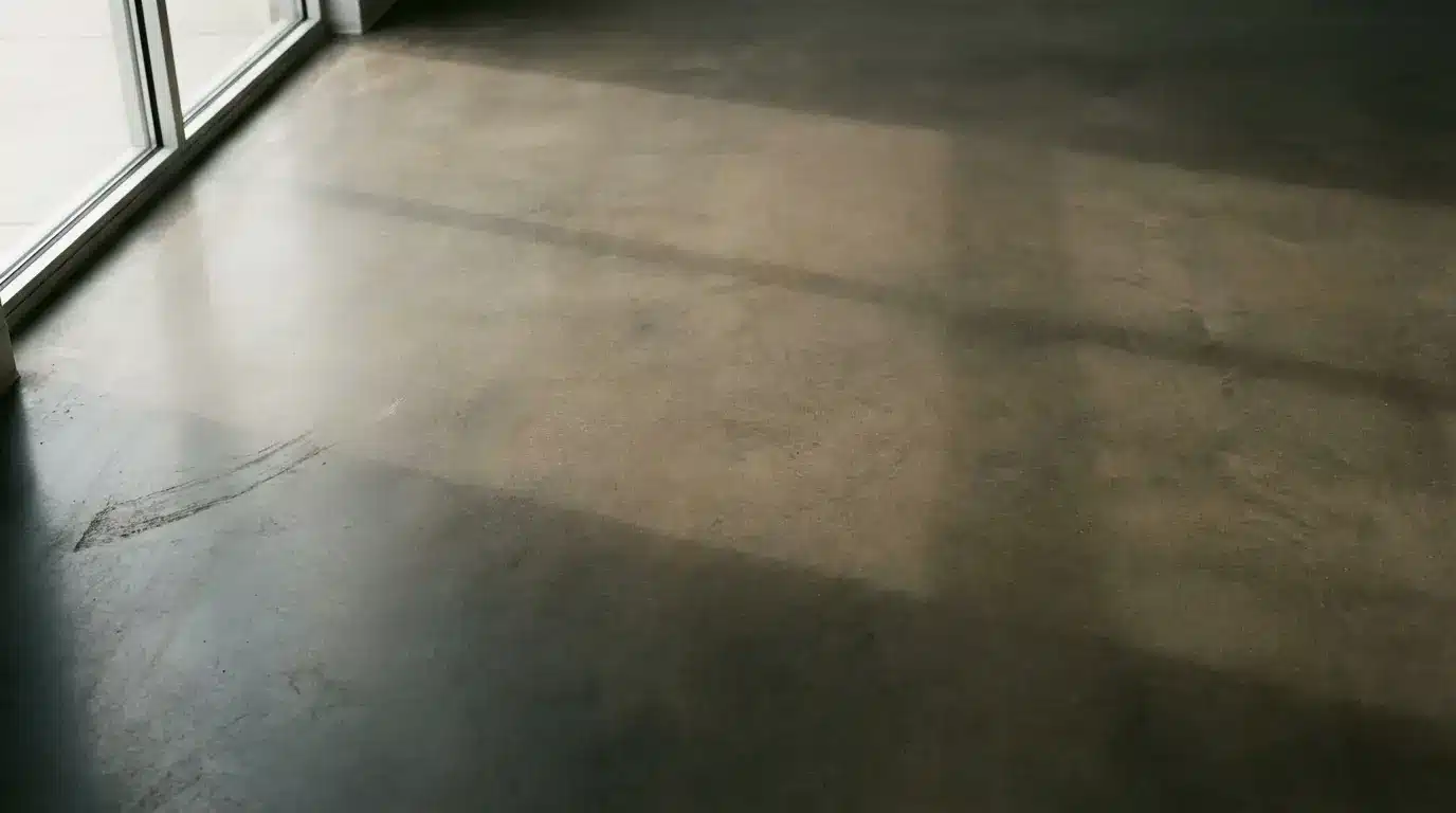 Sunlight casting shadows on polished concrete floor by a large window