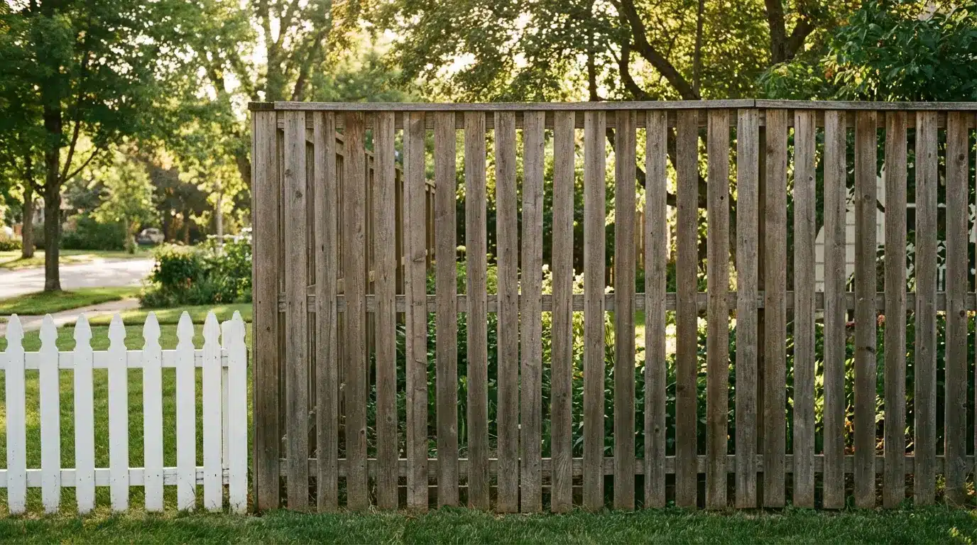 Wooden privacy fence beside white picket fence in lush green backyard