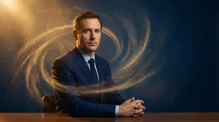 Businessman in navy suit seated at desk with swirling golden light effect on dark background