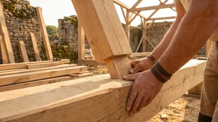 Carpenter fitting wooden beams together on construction site with stone walls in background