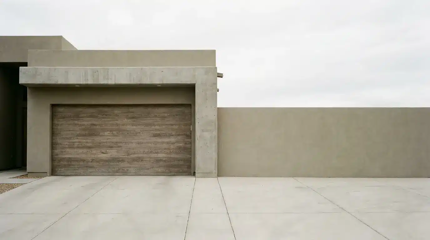 Minimalist concrete garage with wooden door and smooth driveway under overcast sky