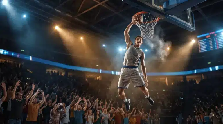 Basketball player dunking in packed stadium under bright spotlights with cheering crowd