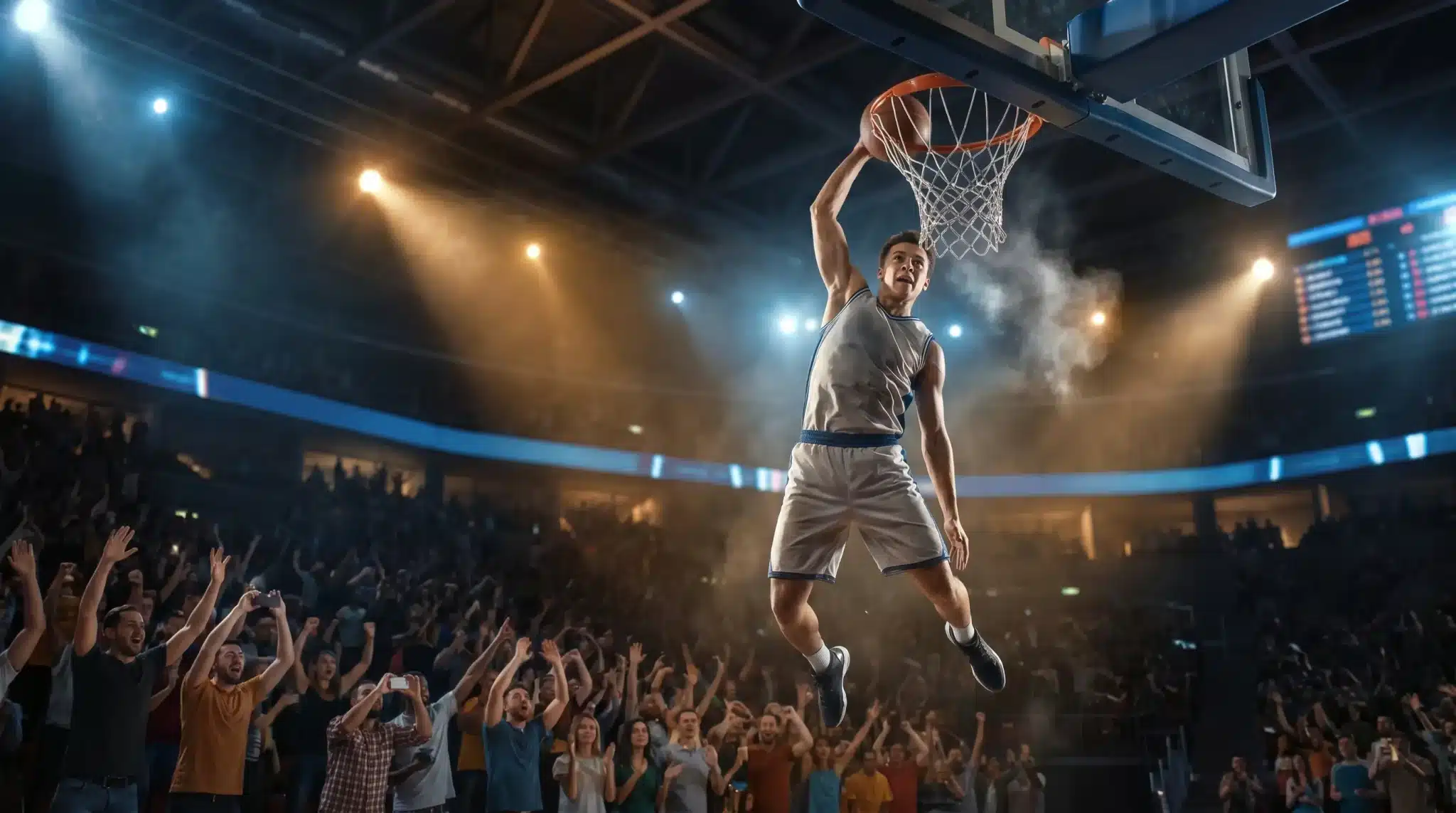Basketball player dunking in packed stadium under bright spotlights with cheering crowd