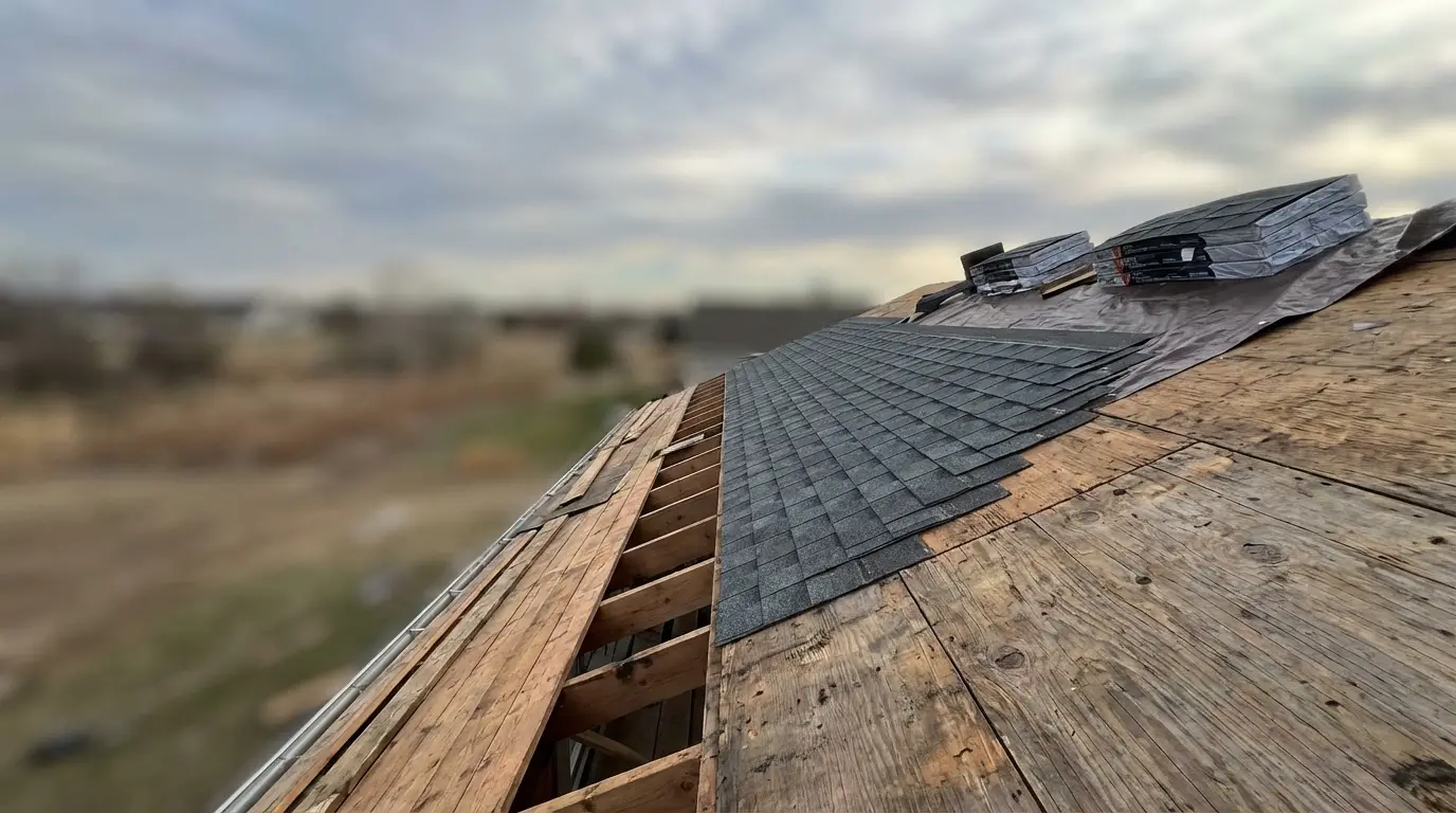 Partially shingled roof in progress with stacked shingles under cloudy sky outdoors