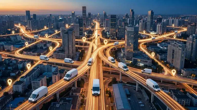 White delivery vans on illuminated highway in cityscape at dusk with location markers