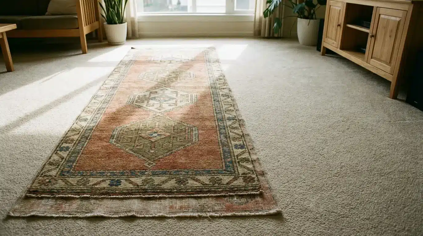 Colorful vintage rug on beige carpet in sunlit living room with wooden furniture and potted plants