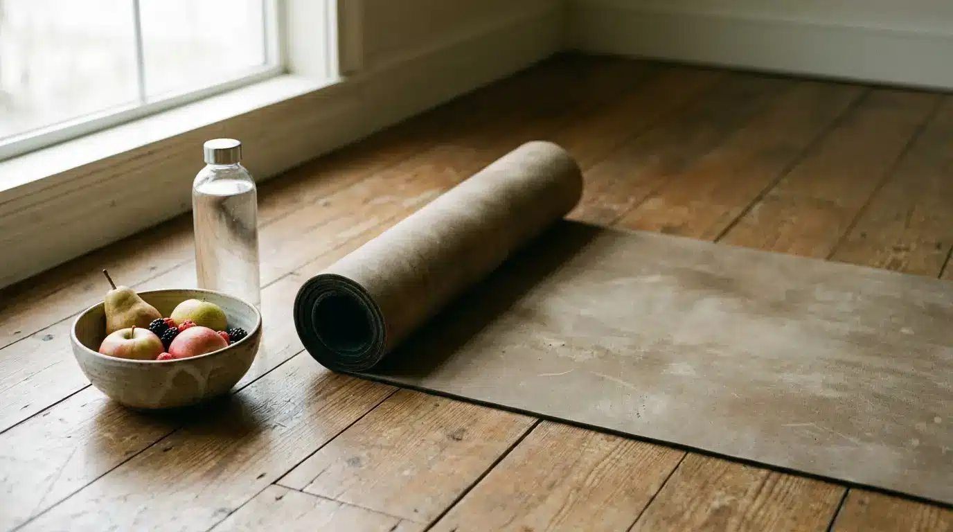 Rolled yoga mat on wooden floor with bowl of fruits and water bottle nearby