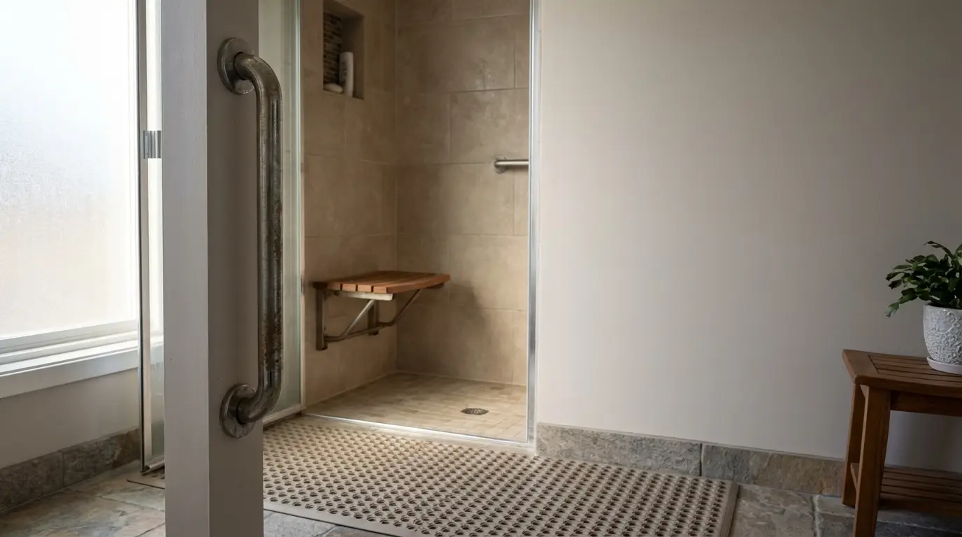 Accessible shower with grab bar and foldable wooden bench in a tiled bathroom setting