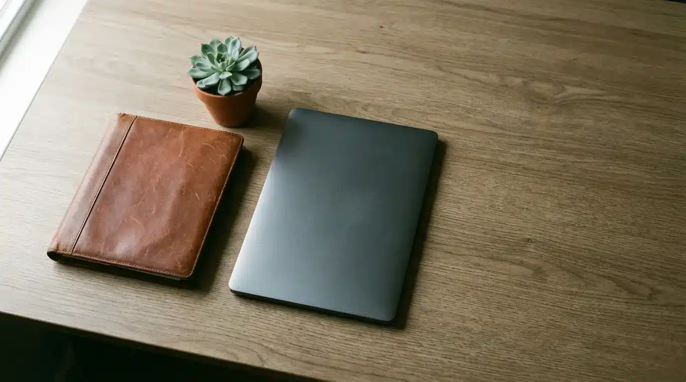 Closed laptop with leather notebook and potted succulent on wooden desk