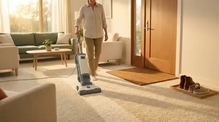 Person vacuuming beige carpet in bright living room with green sofa and wooden coffee table