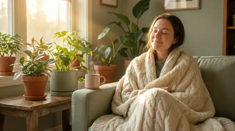 Woman wrapped in knitted blanket enjoying morning sunlight beside indoor plants on window sill
