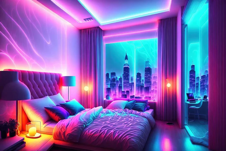 Futuristic bedroom with neon pink and blue lighting and cityscape view