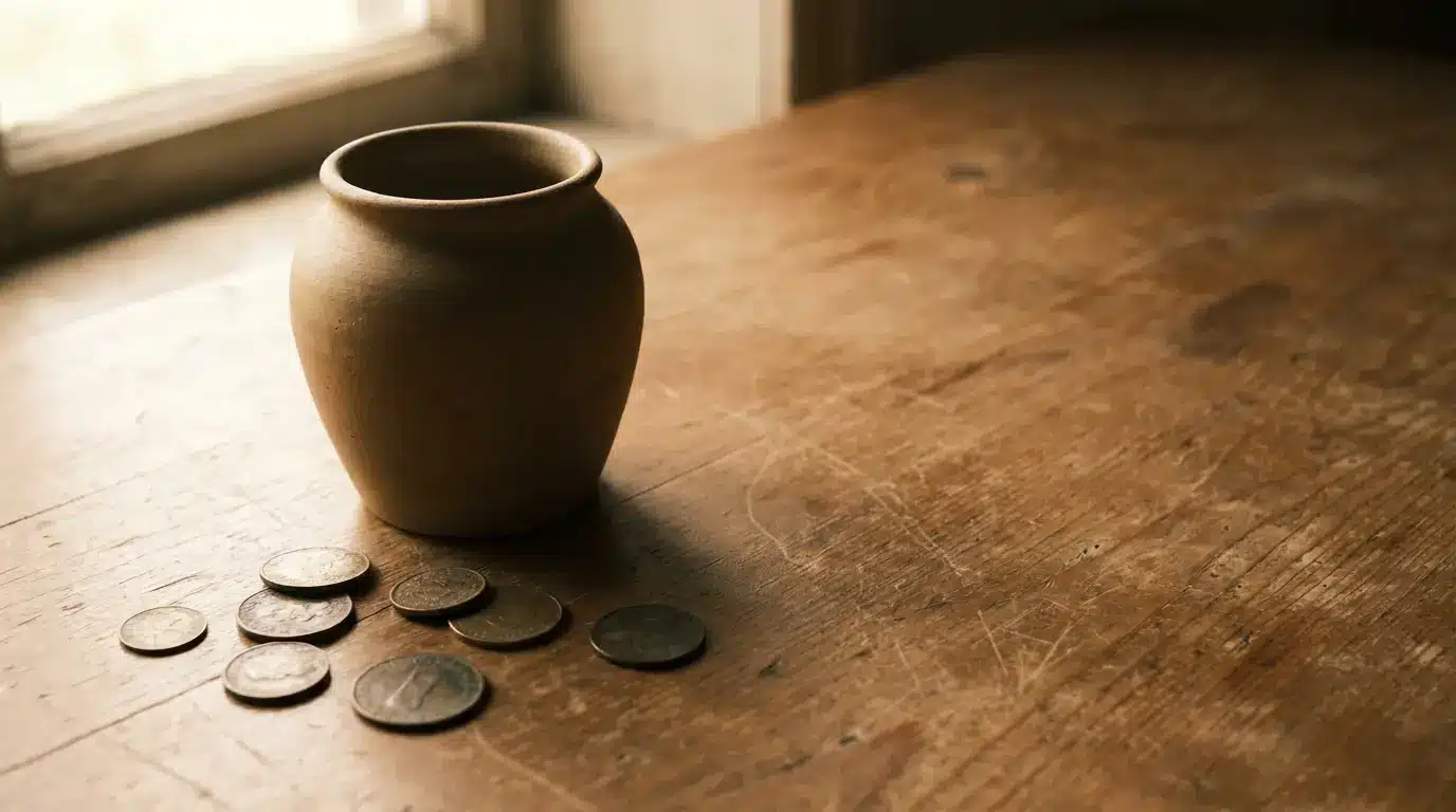 Clay pot and scattered coins on wooden table with soft natural light