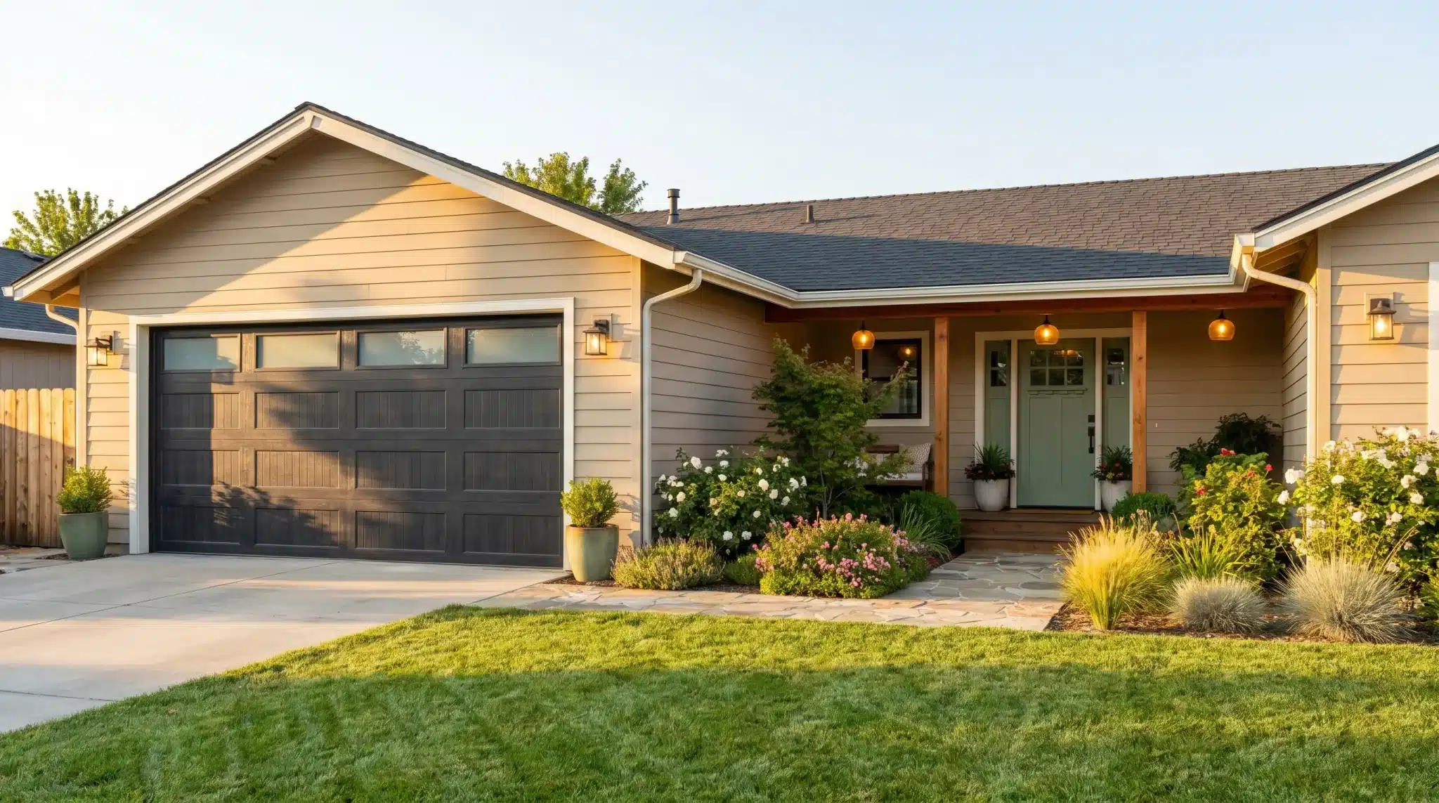 Cozy suburban house with wooden garage door and landscaped front yard in warm sunlight