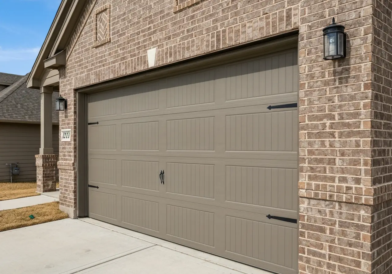 Beige garage door with decorative hardware on brick residential home exterior