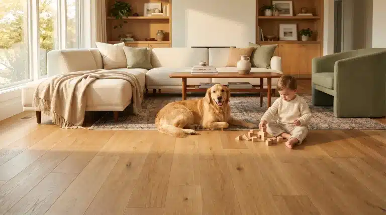 Toddler playing with wooden blocks on hardwood floor beside golden retriever in cozy living room