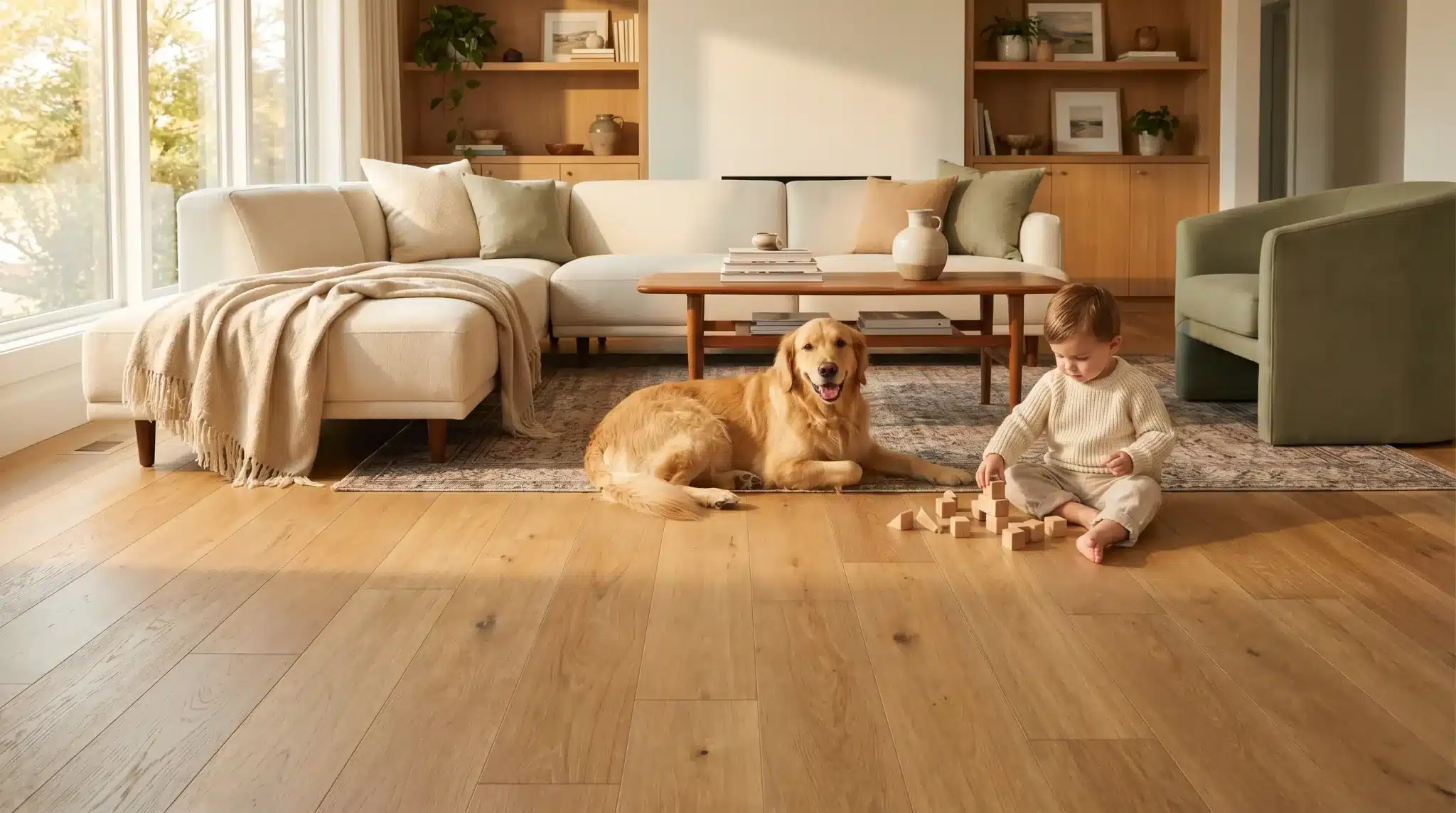 Toddler playing with wooden blocks on hardwood floor beside golden retriever in cozy living room