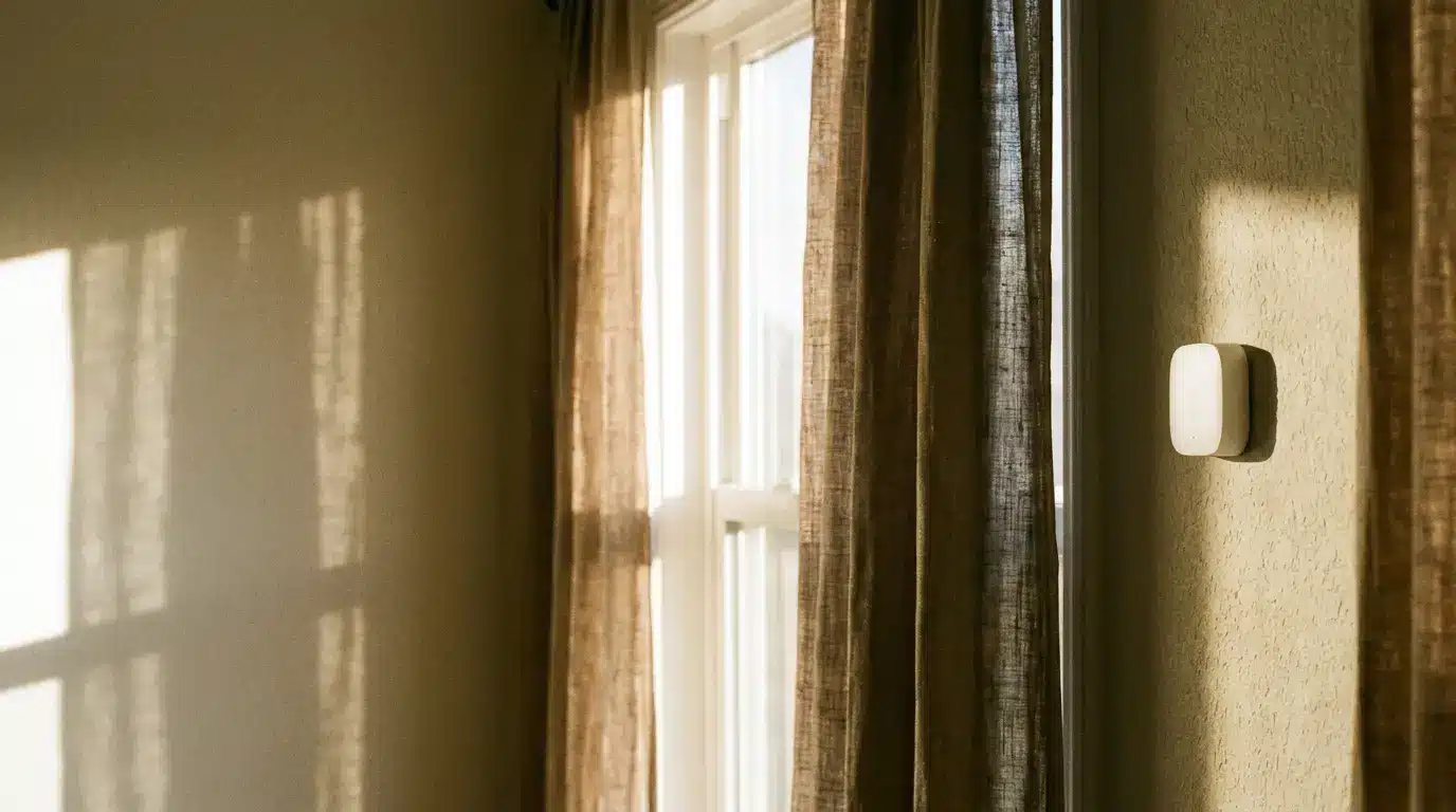 Sunlight streaming through window with beige curtains and white thermostat on textured wall
