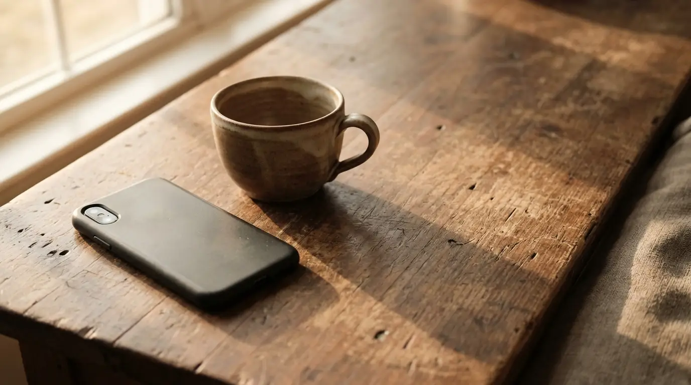 Ceramic mug and smartphone on rustic wooden table in warm natural light