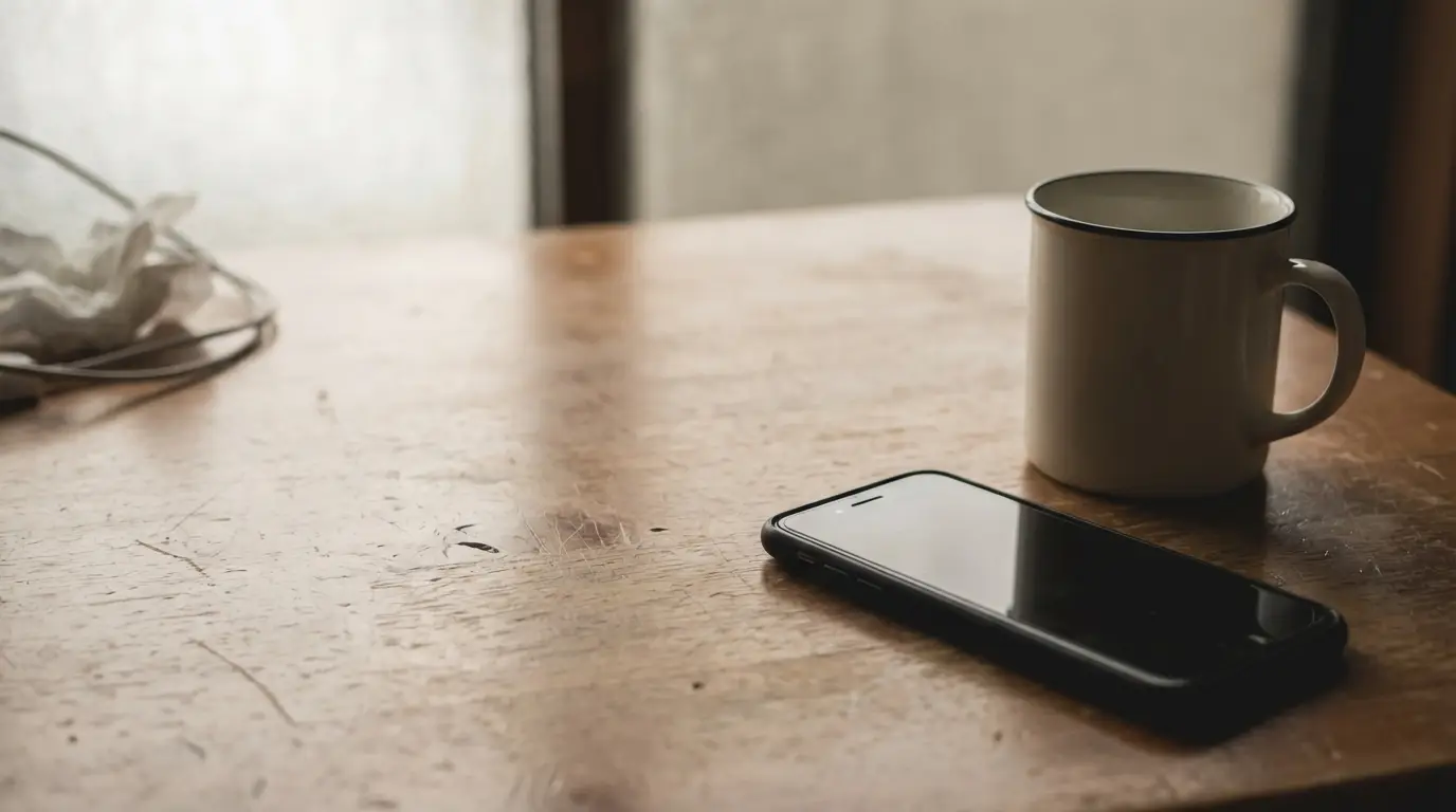 Smartphone and white ceramic mug on wooden table in soft natural light