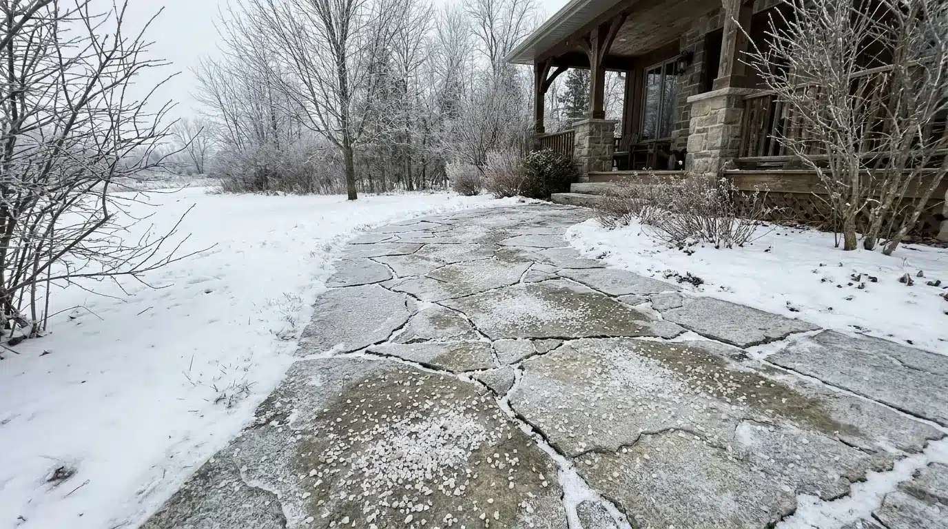 Snow-dusted stone pathway leading to rustic porch in winter landscape