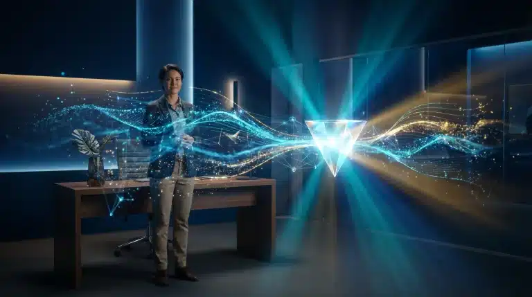 Person in modern office interacting with holographic digital display and translucent geometric shape