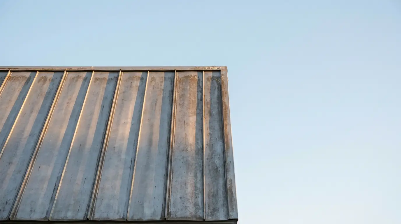 Rustic metal roof with vertical panels against clear blue sky
