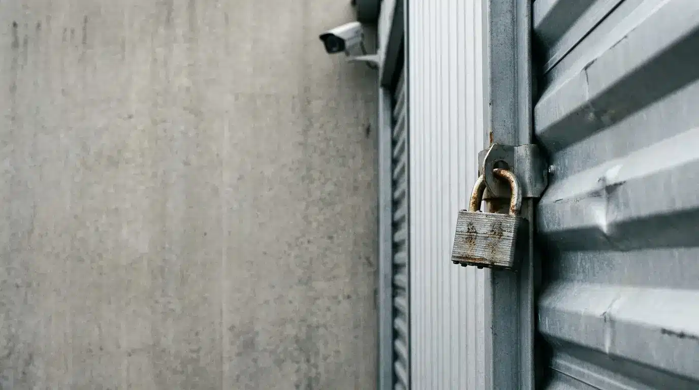 Rusty padlock securing corrugated metal door with security camera overhead