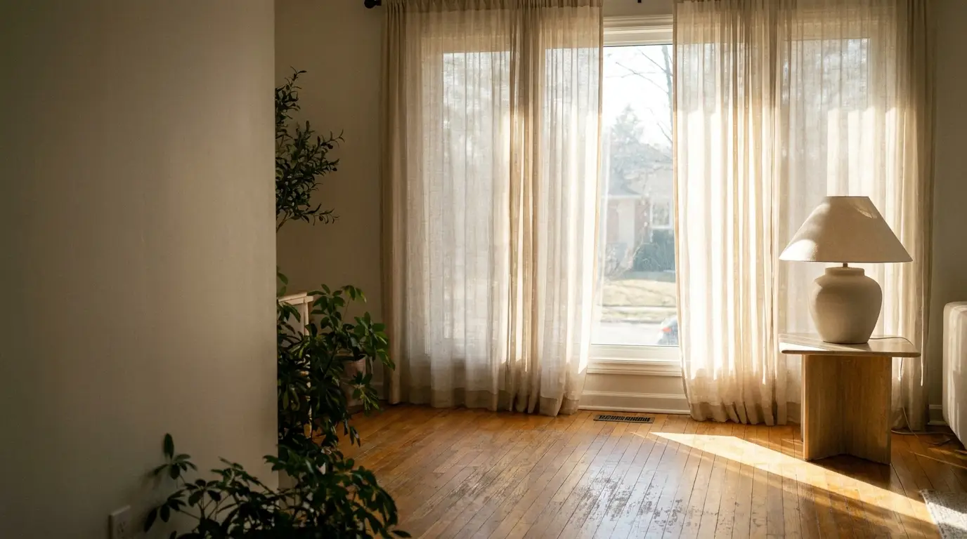 Sunlit living room with sheer curtains, wooden floor, potted plants, and a lamp on a side table
