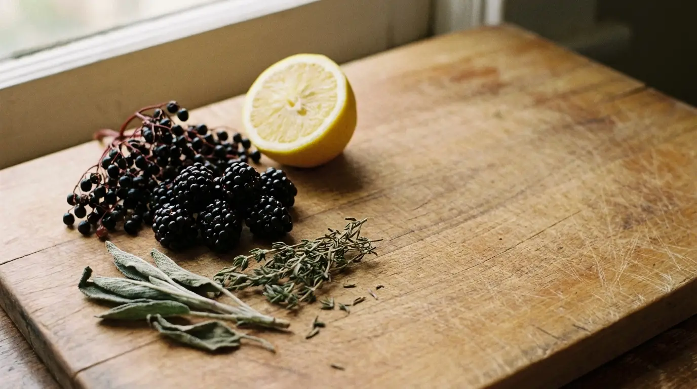 //blackberries, lemon half, sage, thyme// //wooden cutting board //// . ........ **************************************** ---- // A visitor will get to TOUCH how our photography lens captures cultural unity // ---------------- However-time:// Where //// === // =and why : === /// //:// \ Mario Tsio // The image captures a flatlay arrangement of a few food ingredients placed on a wooden cutting board. The focus is on the fresh blackberries and a half lemon, accompanied by sprigs of thyme.