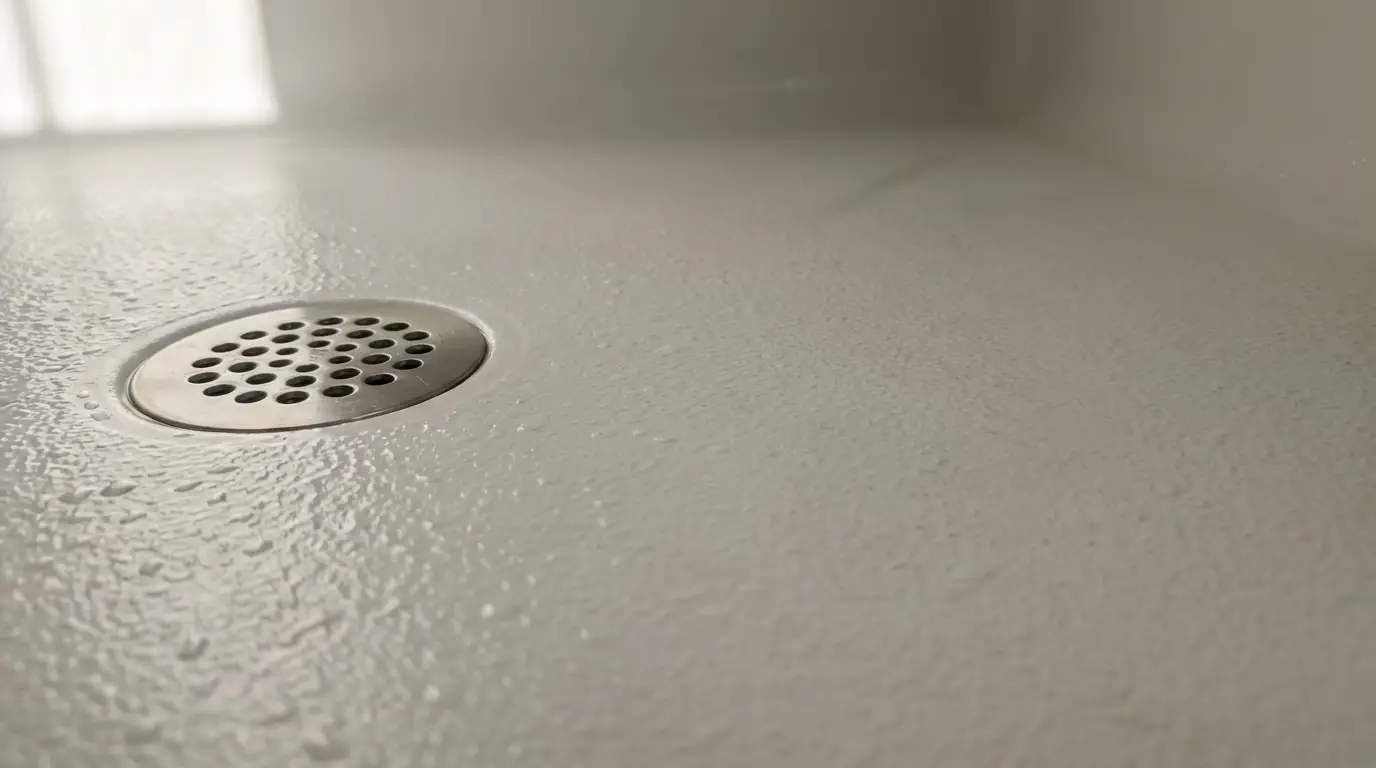 Stainless steel shower drain on textured white surface with light reflections