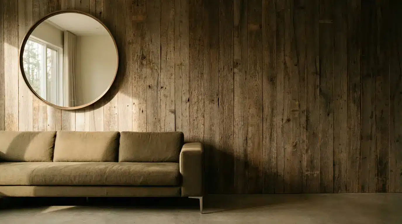 Olive green sofa against rustic wooden wall with round mirror and natural light