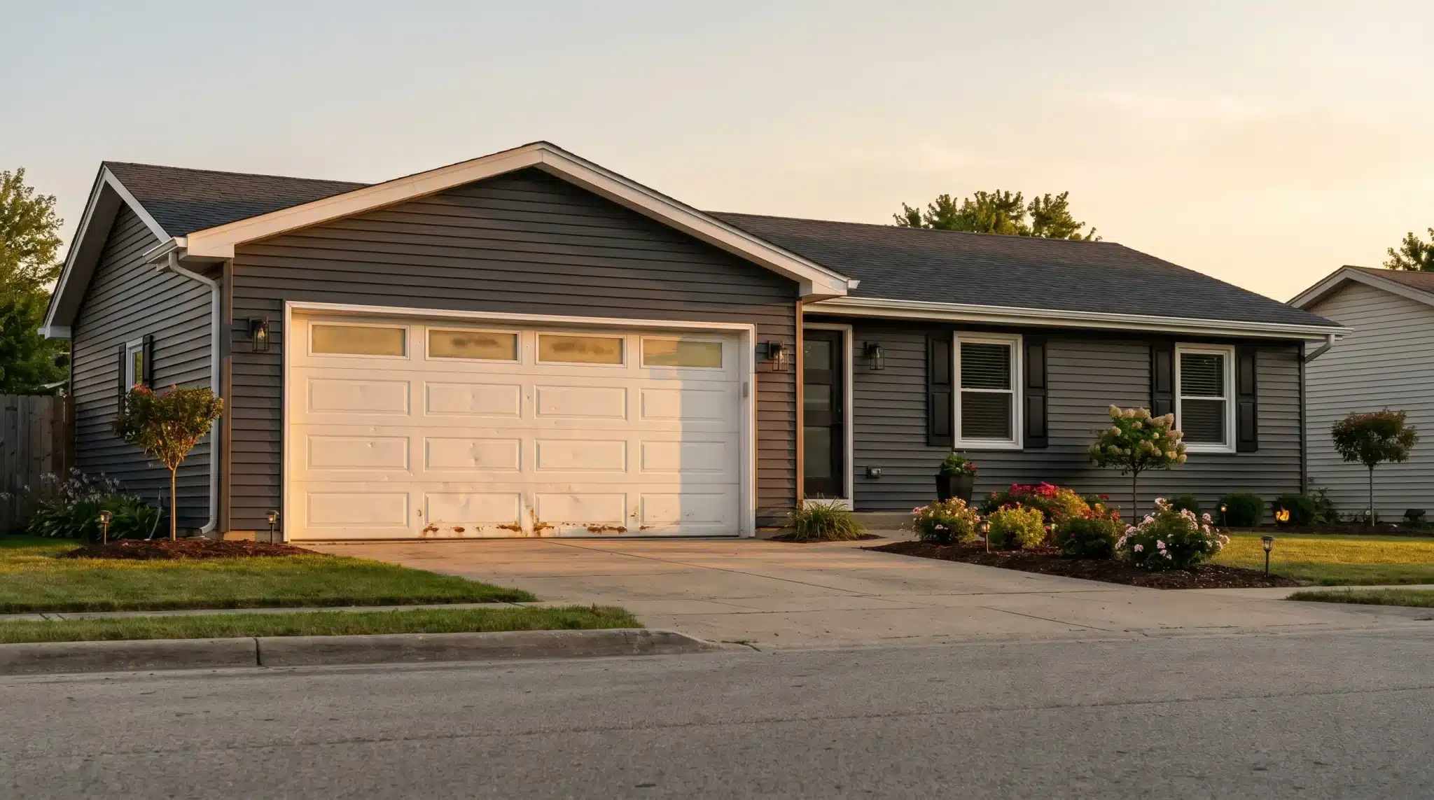 Single-story gray house with white garage door and flower garden in evening light