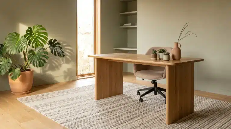 Wooden desk with plants in a minimalist home office with natural light and neutral tones