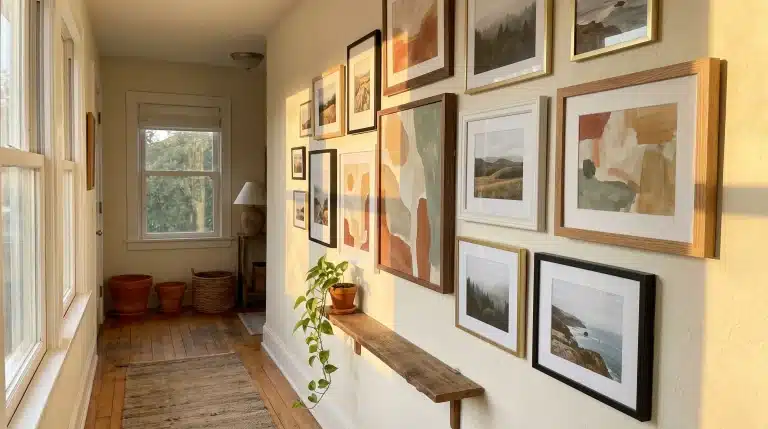 Art-filled hallway with framed photographs and abstract paintings in warm natural light