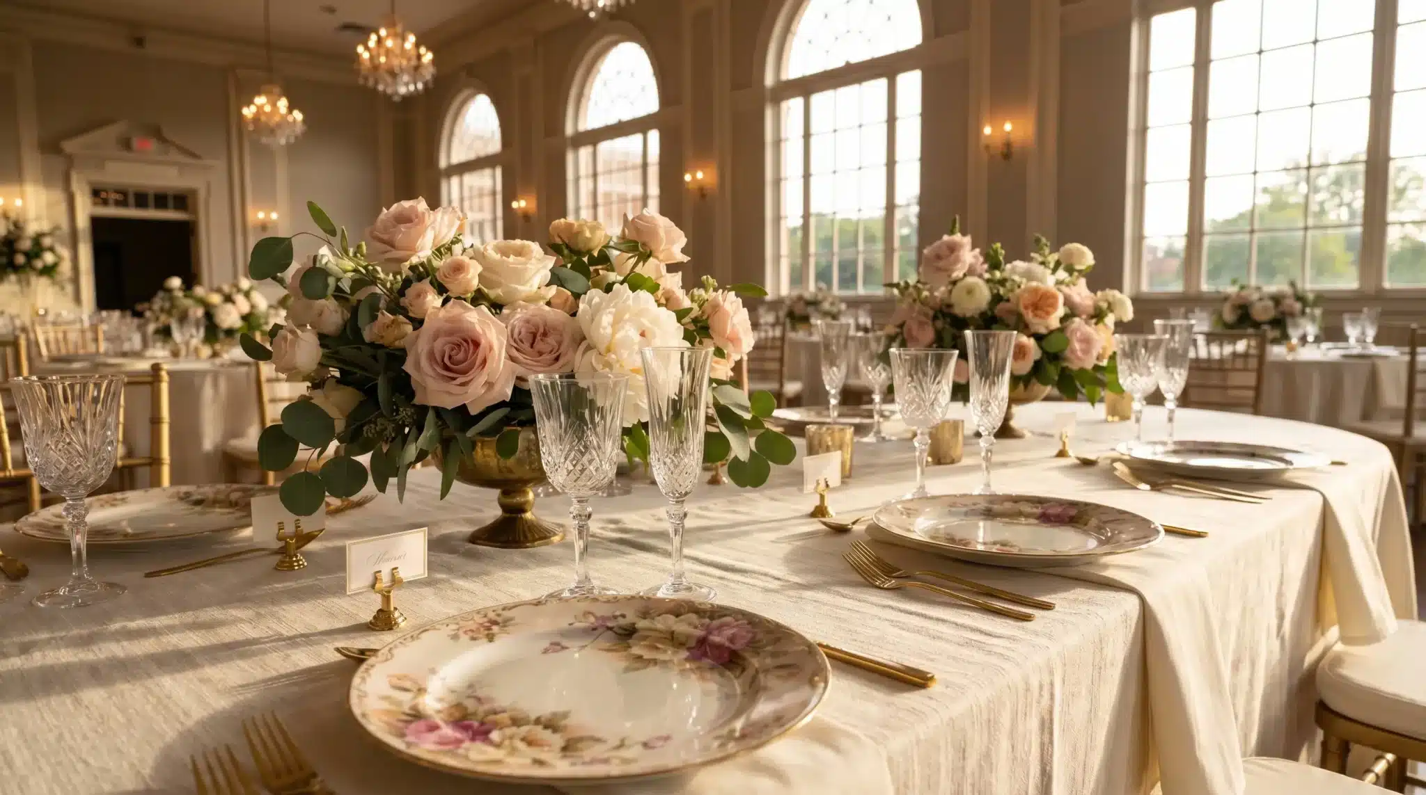 Elegant wedding reception table with floral centerpieces, crystal glassware, and gold accents in sunlit ballroom