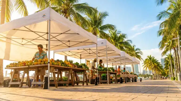 Outdoor market with fresh produce under white tents surrounded by palm trees in sunlight