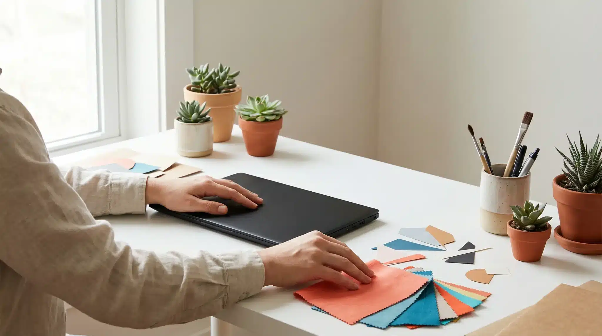 Person arranging colorful fabric swatches on desk with laptop and potted succulents