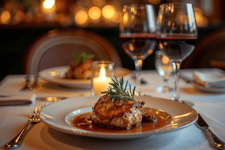 Grilled chicken breast with rosemary sprig on white plate in elegant restaurant setting