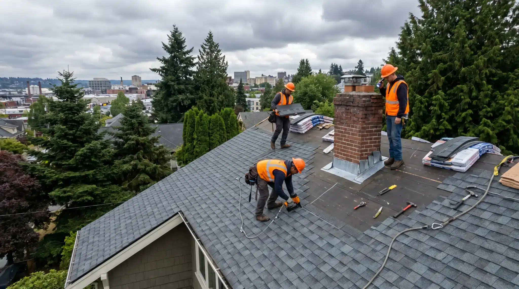 Construction workers installing shingles on rooftop with tools and chimney, overcast sky in background