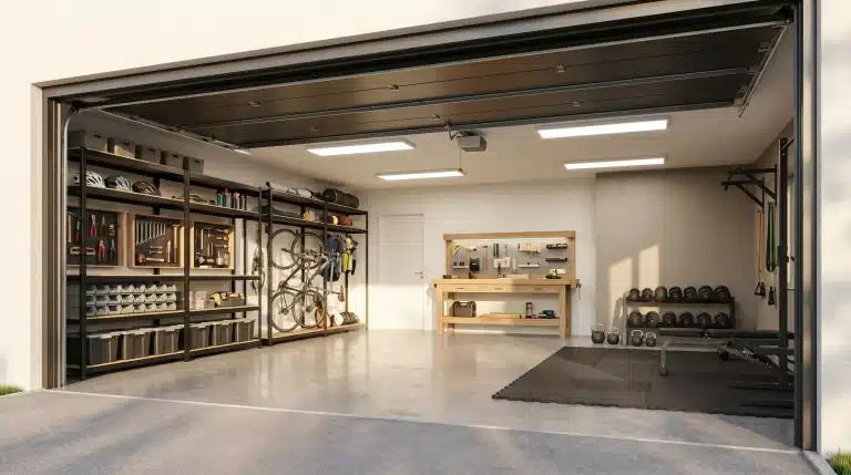 Organized garage with tool shelves, bicycles, wooden workbench, and exercise equipment under bright lighting