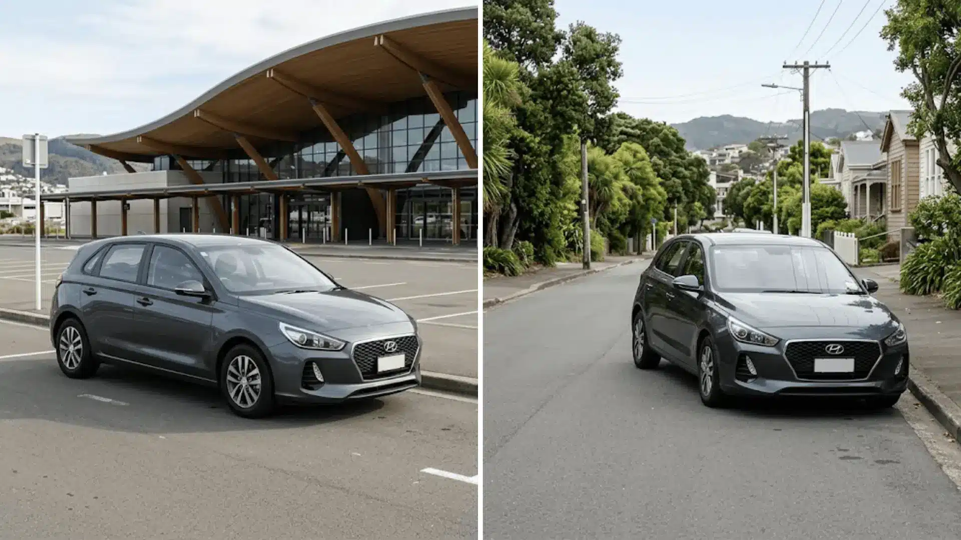 Gray hatchback parked in front of modern building and on a suburban street, surrounded by trees