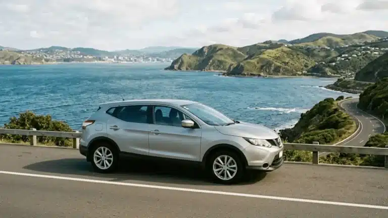 Silver SUV parked on coastal road with ocean and hills in background